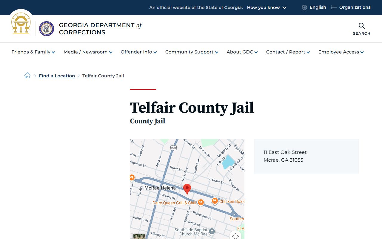Telfair County Jail GDC location page for inmate lookup